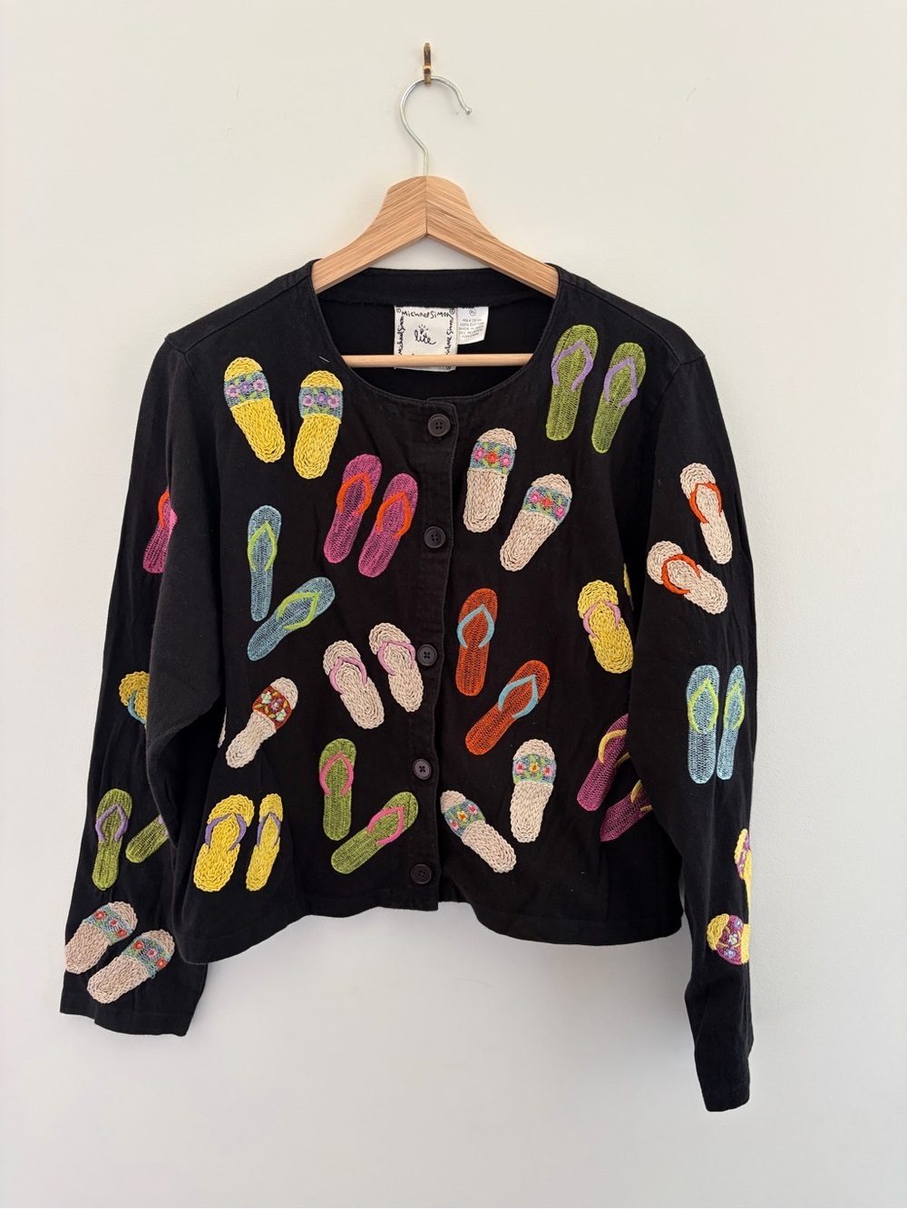 Vintage Michael Simon Black Button Jacket with Colorful Flip Flop Embroidery, XL